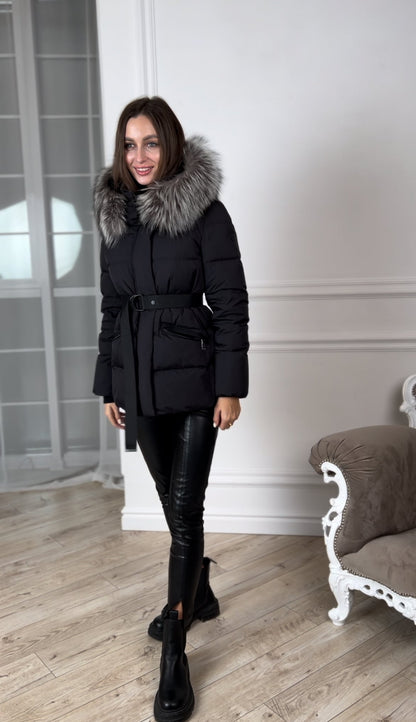 Noir Genuine Silver Fox Fur Down Fill Coat