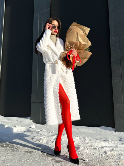 Mink Fur Rex Fur Trim Virgin Wool Coat White