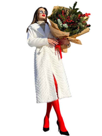 Mink Fur Rex Fur Trim Virgin Wool Coat White
