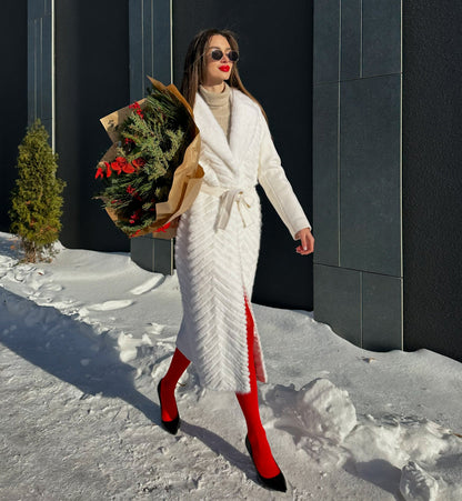 Mink Fur Rex Fur Trim Virgin Wool Coat White