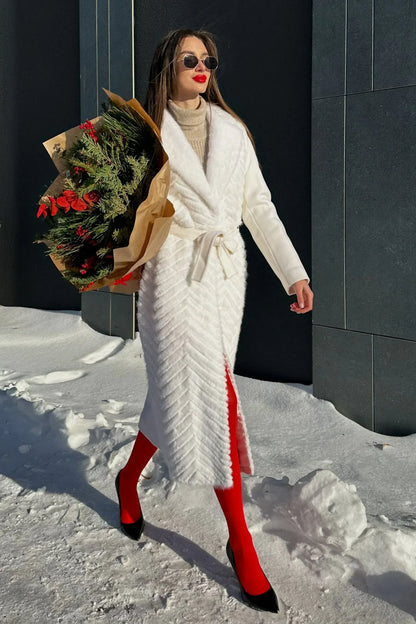 Mink Fur Rex Fur Trim Virgin Wool Coat White