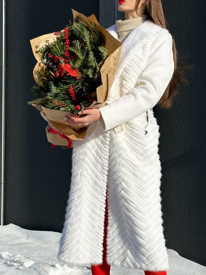 Mink Fur Rex Fur Trim Virgin Wool Coat White
