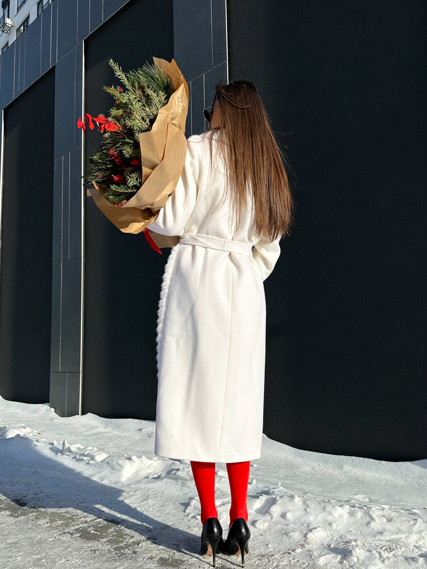 Mink Fur Rex Fur Trim Virgin Wool Coat White