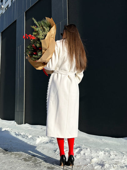 Mink Fur Rex Fur Trim Virgin Wool Coat White