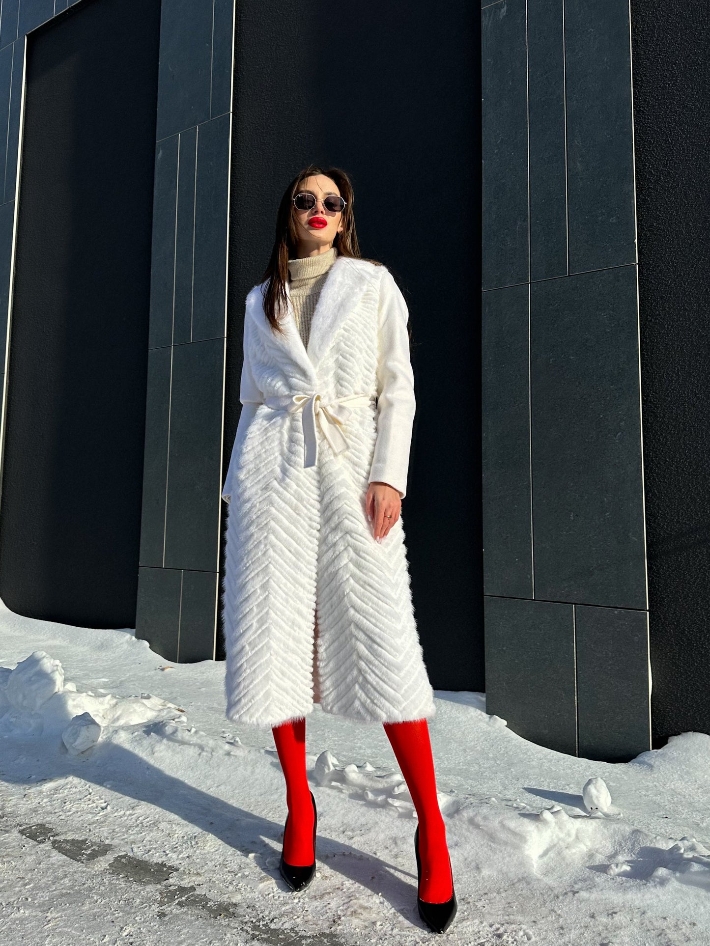 Mink Fur Rex Fur Trim Virgin Wool Coat White