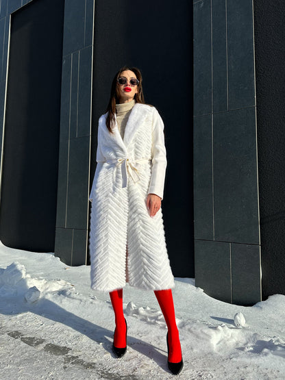 Mink Fur Rex Fur Trim Virgin Wool Coat White