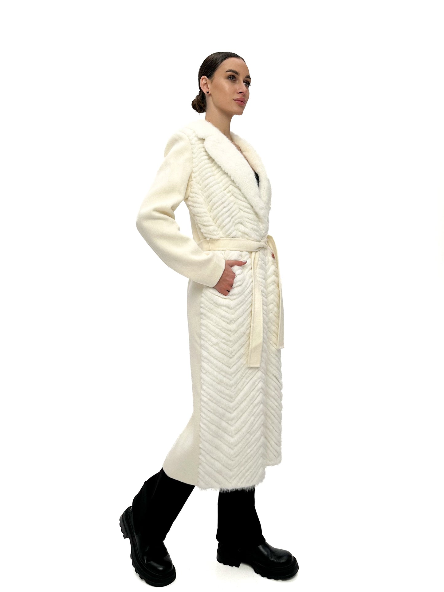 Mink Fur Rex Fur Trim Virgin Wool Coat White