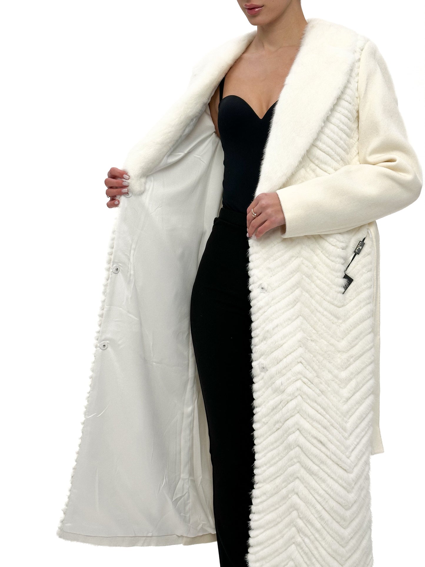 Mink Fur Rex Fur Trim Virgin Wool Coat White