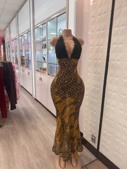 Maci Leopard Sheer Maxi Halter Dress | Chic Animal Print Resort Dress