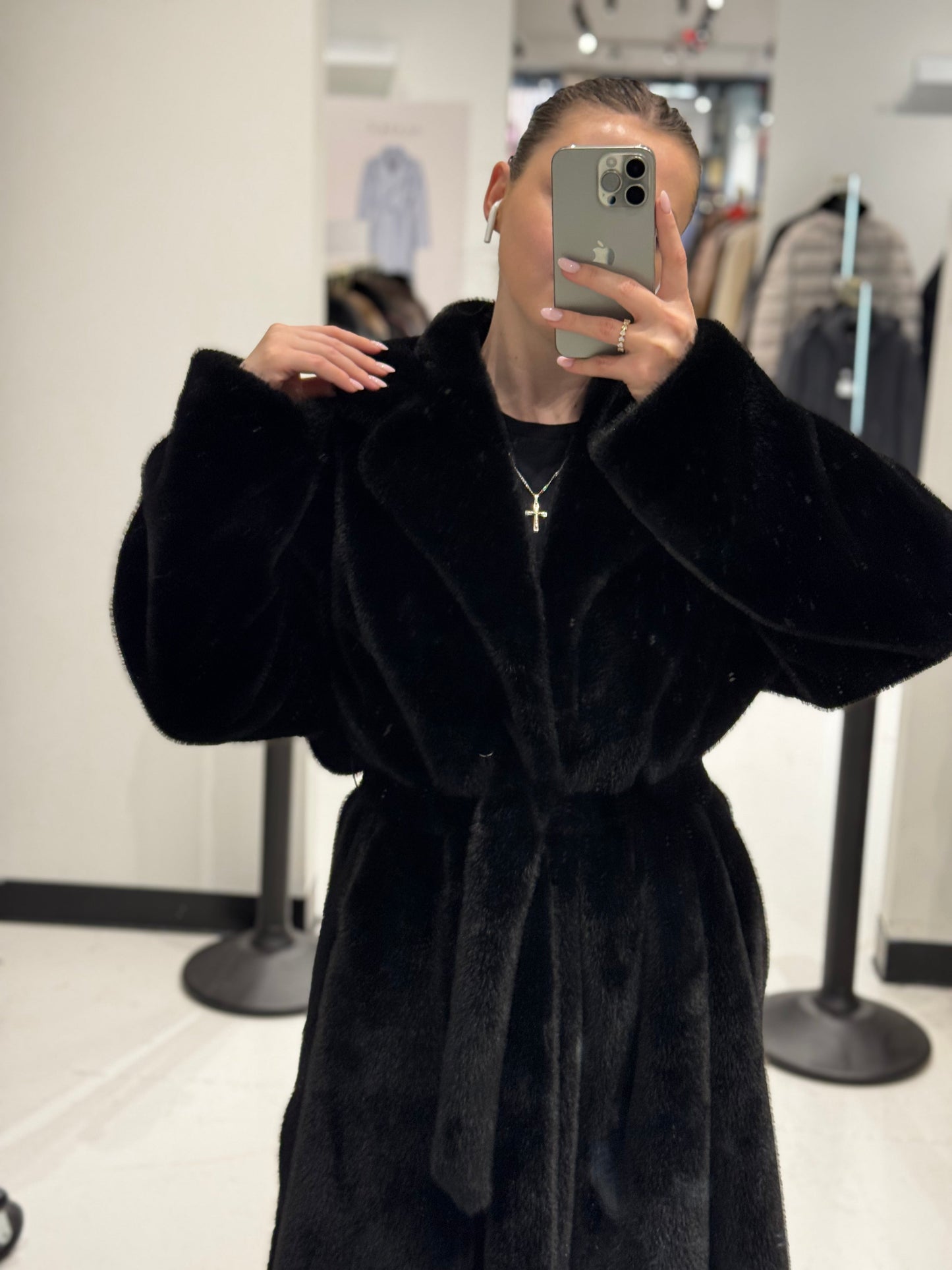 Faux Mink Effect Fur Coat in Black