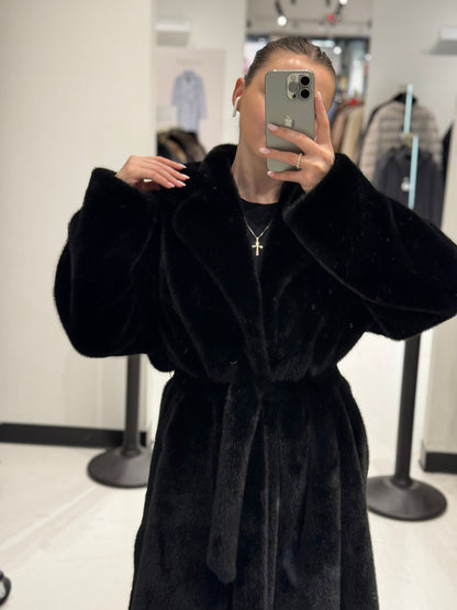 Faux Mink Effect Fur Coat in Black