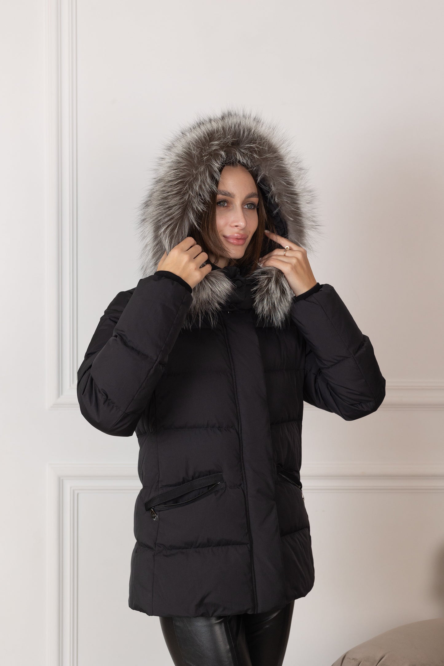 Noir Genuine Silver Fox Fur Down Fill Coat