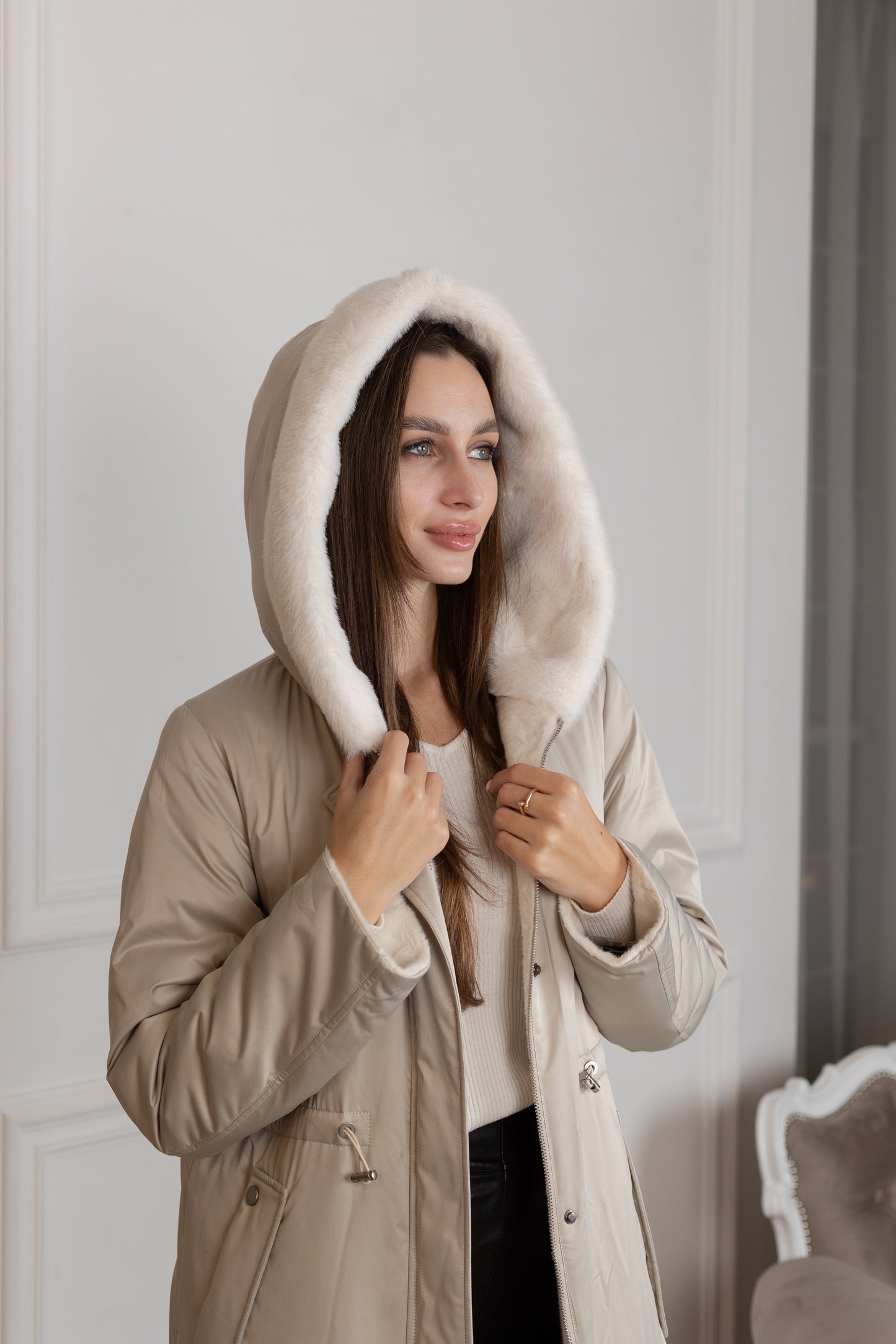 Reversible Faux Alpaca Satin Hooded Coat