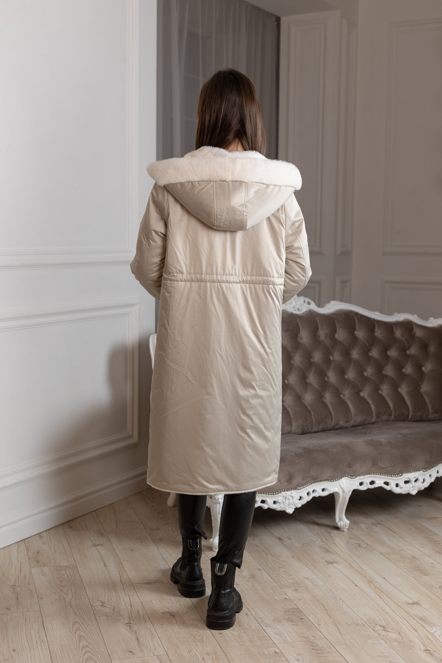 Reversible Faux Alpaca Satin Hooded Coat