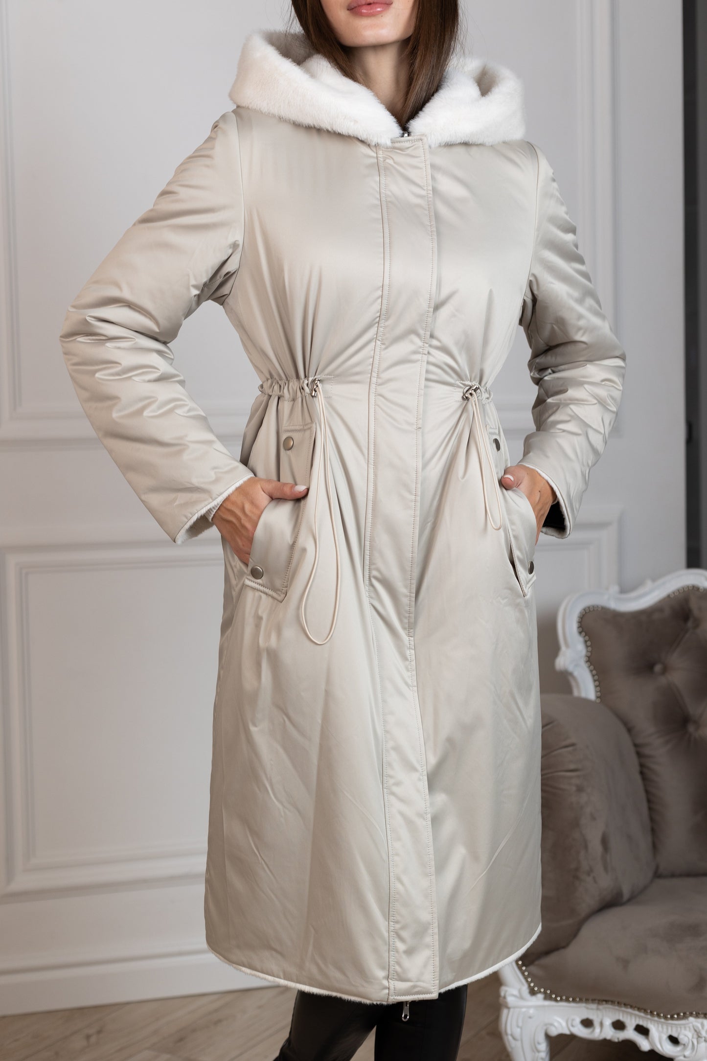 Reversible Faux Alpaca Satin Hooded Coat