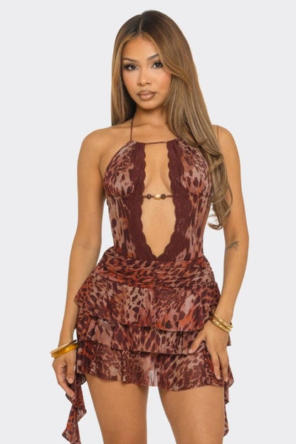 Leopard Mesh Halter Mini Dress