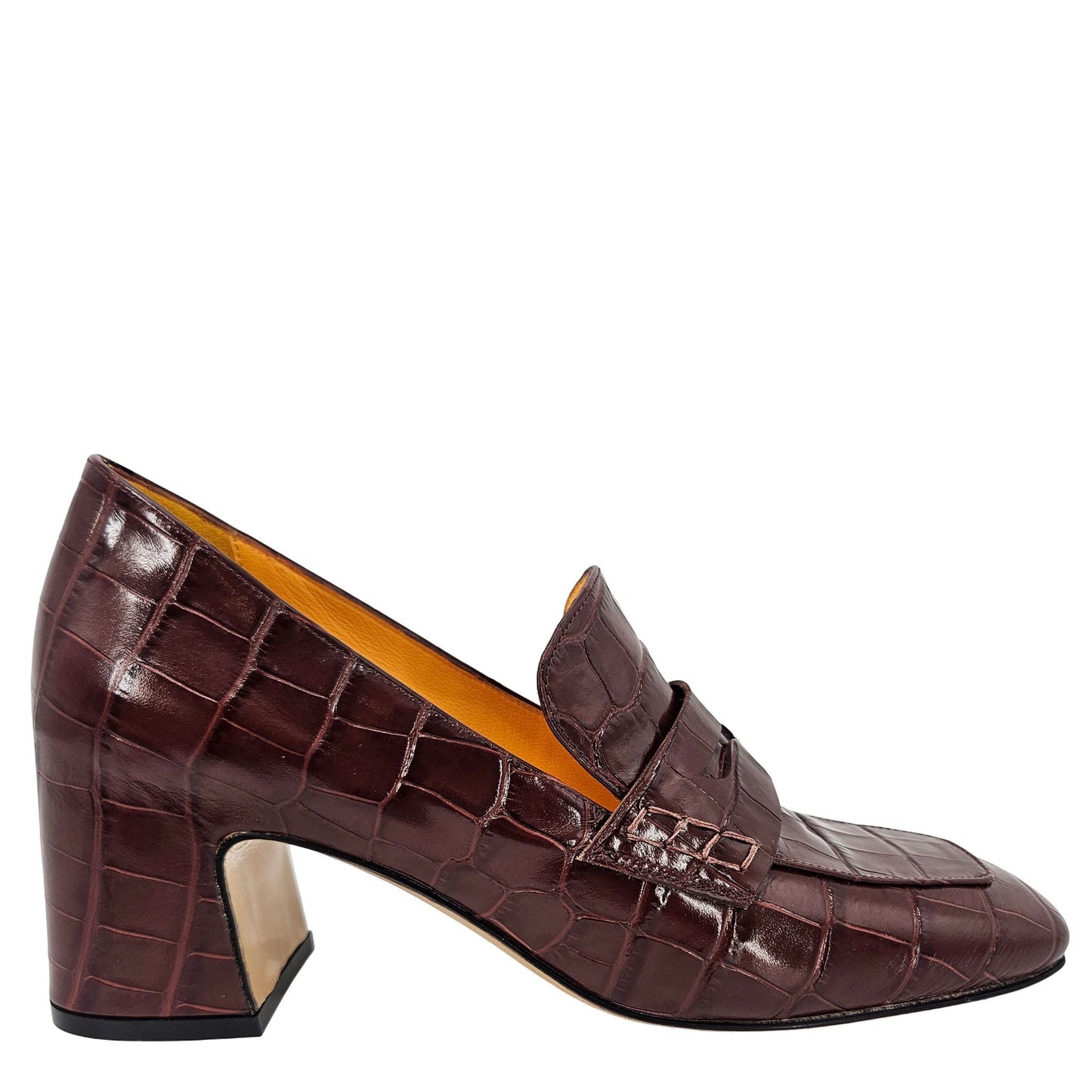 Madison Maison Chocolate Croc-Embossed Leather Block Heel Loafers
