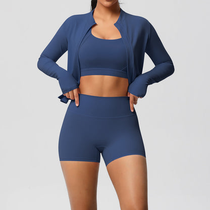 Solid Color Cloud Sense Yoga Bra Sports Coat Pilates Running Shorts Fitness Yoga Wear Three Piece Set for Women