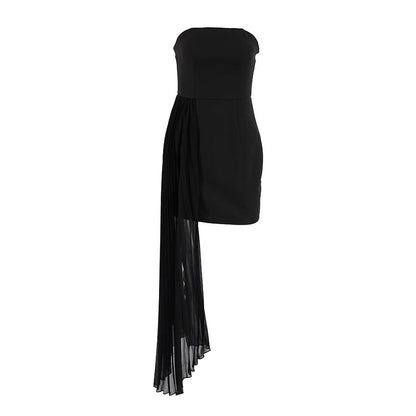 Spring Summer Women Simple Strapless Dress Ribbon Slim Black Elegant Dress