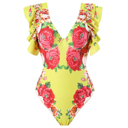 Spring Sexy Swimsuit Women Conservative Warm Printed Swimsuit Wrap Skirt Set