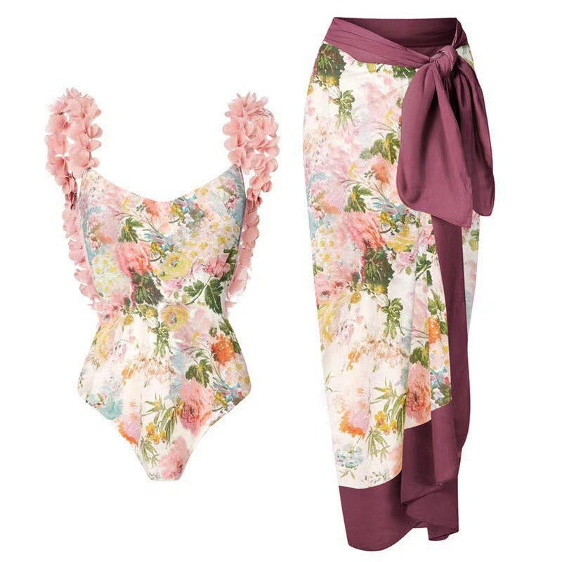 One Piece Printed Skirt Conservative Swimwear Two Piece Women Swimsuit