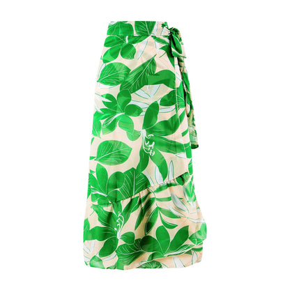 One Piece Swimsuit Women Slimming Retro Swimsuit Green Printing Suit Chiffon Dress