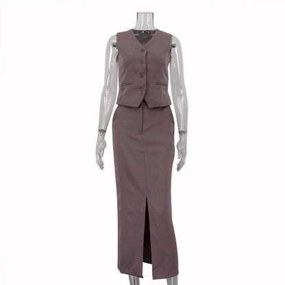 Vest Jacket Hip Skirt Set V neck Sleeveless Top Split Skirt Office Two Piece Set