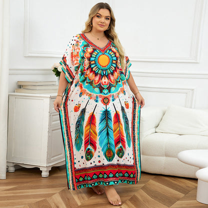 Rayon Positioning Print Holiday Loose Robe Beach Jacket Dress Bikini Cover up Blouse