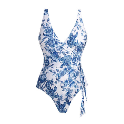 Swimsuit Blue Color Floral Vacation Swimsuit Women Long Skirt