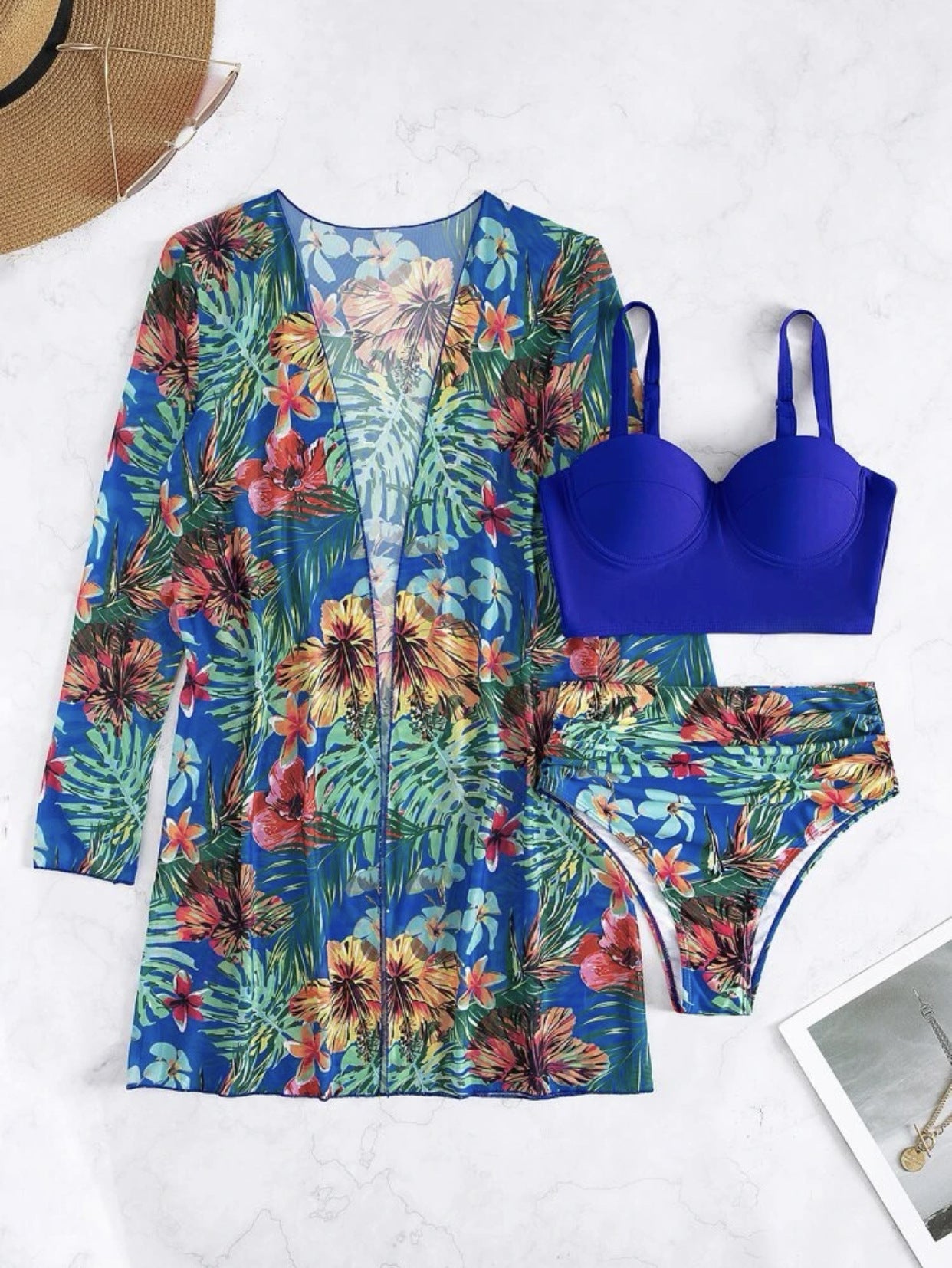 Sexy Mesh Bikini Three Piece Push up Split Printed Swimsuit for Women