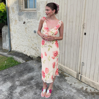 Vacation Floral Printed Mesh V neck Sexy Dress Summer Sling Slim Fit Maxi Dress