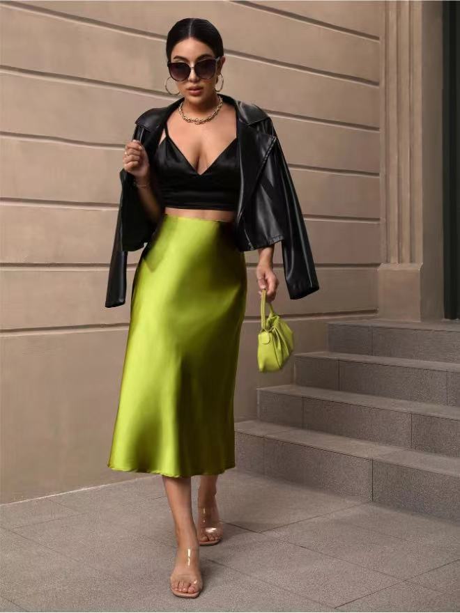 Hip Wrapped Fishtail Skirt Satin Mid Length Skirt Autumn Women Clothing Direct