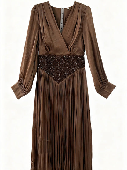 Elegant Long Sleeve Solid Color Diamond Dress Autumn High Grade Waist Slimming Dress Women