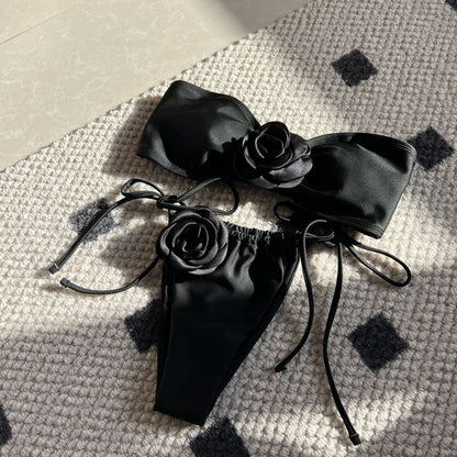 Solid Color Rose Tube Top Drawstring Strap Split Swimsuit Bikini