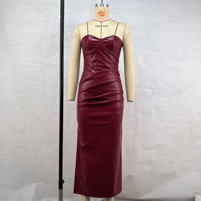 Women Clothing Elegant Faux Leather Sexy Tube Top Strap Fold Split Dress
