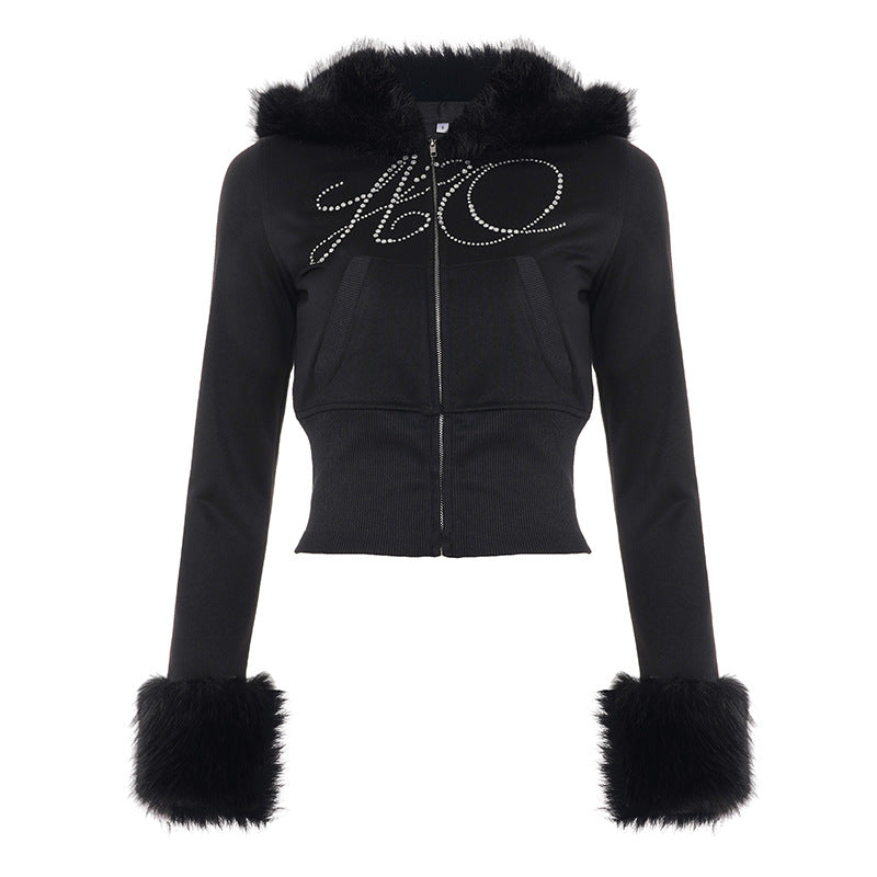 Autumn Winter Casual Furry Long Sleeved Zipper Sweater Coat Letter Graphic Rhinestone Sweatpants Two Piece Sets