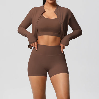 Solid Color Cloud Sense Yoga Bra Sports Coat Pilates Running Shorts Fitness Yoga Wear Three Piece Set for Women