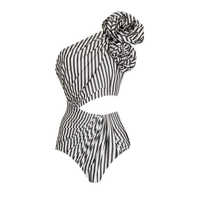 Sexy One Piece Swimsuit Women Pleated Ruffled Striped Swimsuit Bikini Mesh Maxi Dress