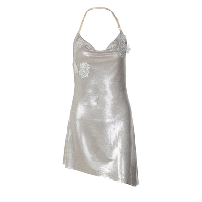 Spring Women Clothing Halter Swing Collar Sexy Backless Bronzing Slim Dress