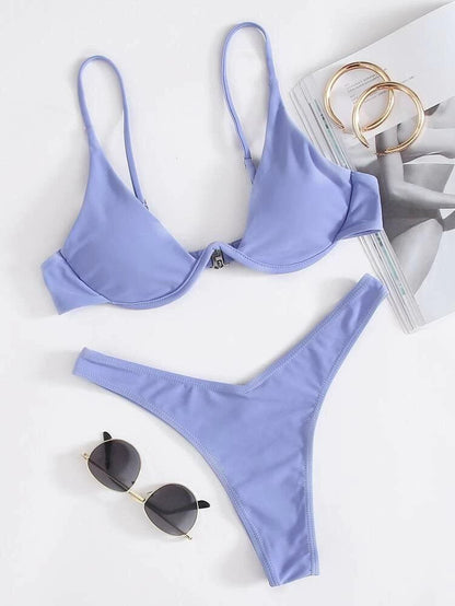 Sexy Bikini Split Gathering Steel Bracket Solid Color Swimsuit Women