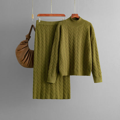 Autumn Winter Jacquard Half High Collar Long Sleeves Knitwear Pullover Top Skirt Two Piece Set