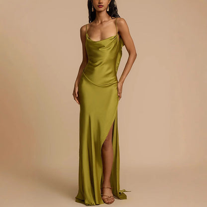 Spring Summer Suspender Split Dress Casual Loose Vacation Satin Dress