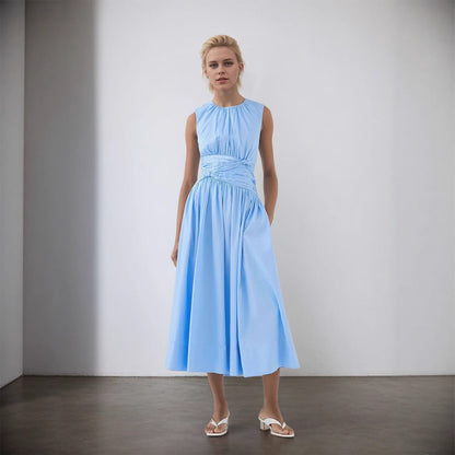 Elegant Blues round Neck Pleated Pocket Wide Swing Ladies Dress
