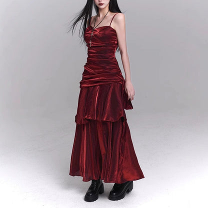 Dark Red Suspenders Dress Concert Birthday Dress High Grade Party Little Dress