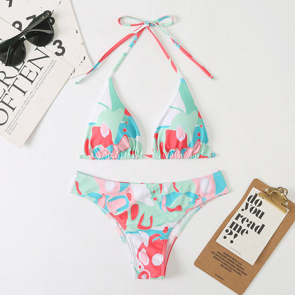 Women Split Sexy Digital Printing Lace up Bikini Swimsuit Swimwear Beach Swimwear