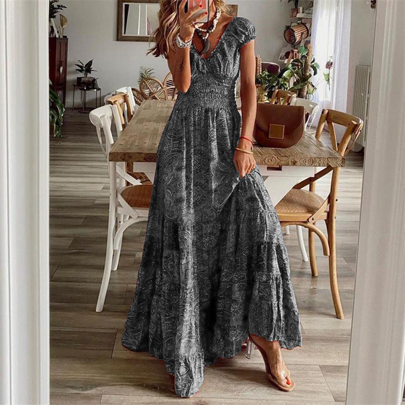 Bohemian Summer Maxi Dress High Waist V Neck Floral Print Large Swing Dress