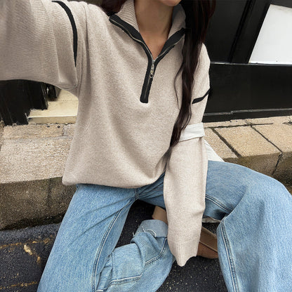 Casual Simple Solid Color Long Sleeve Zipper Sweaters Women Clothing Autumn Winter