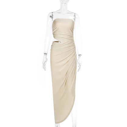 Spring Maxi Dress Elegant Slim Tube Top Hollow Out Cutout Pleated Dress