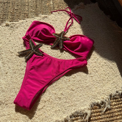 Solid Color Starfish Affixed Cloth Embroidered Sexy Lacing Split Swimsuit Bikini