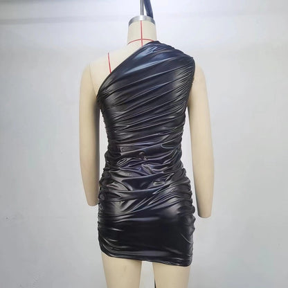 Women Clothing Summer Sleeveless Shoulder Pleated Waist Tight Sheath Dress